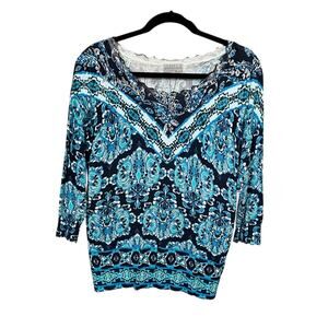 NWT Joseph A Top - Teal and Navy Paisley Patterned Blouse - LP